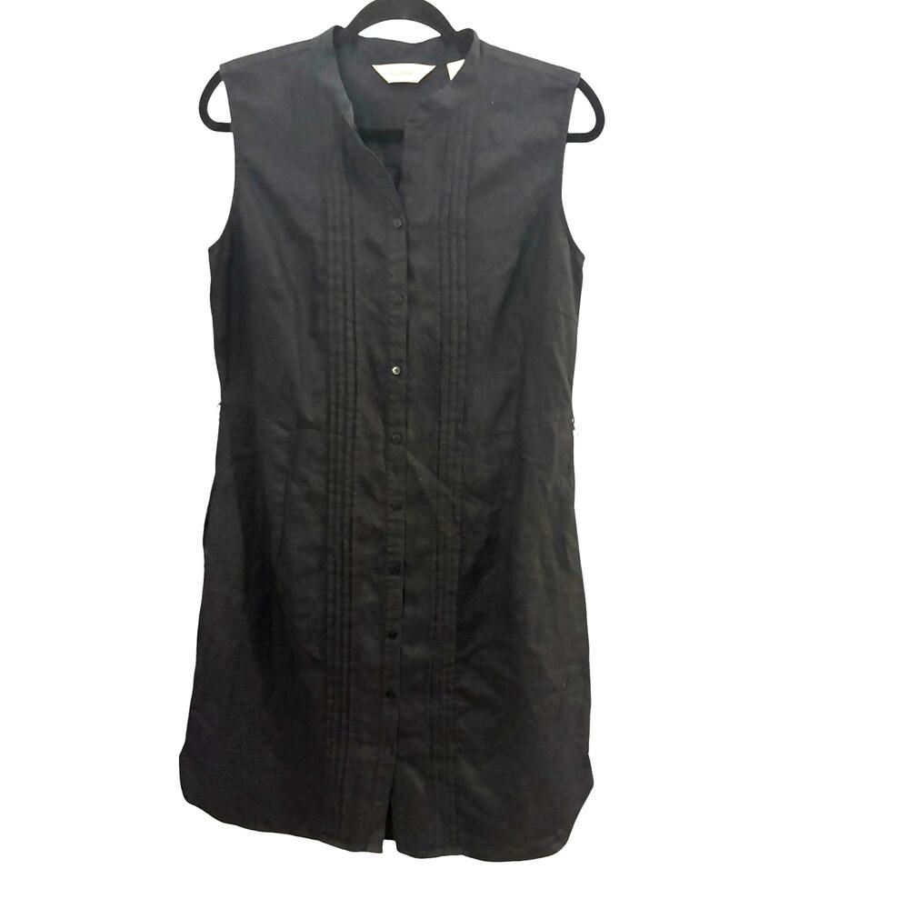 LL Bean 100% Linen Shift Dress Black Size 10 Button Front Minimalist Classic